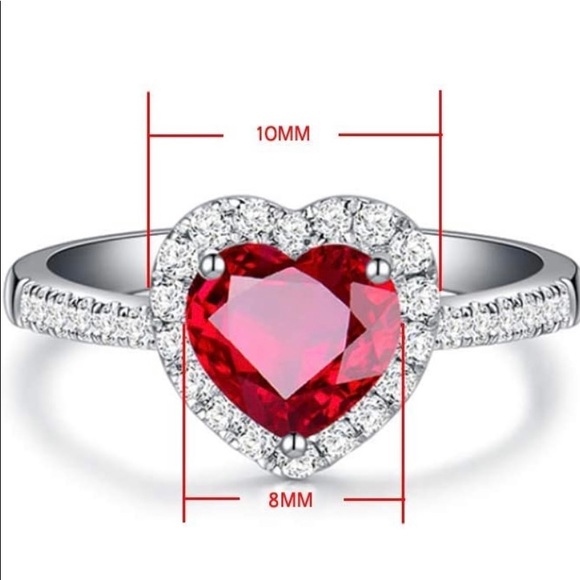 925 Red Ruby Heart Shape Gemstone Sterling Silver Wedding Rings - Picture 5 of 5